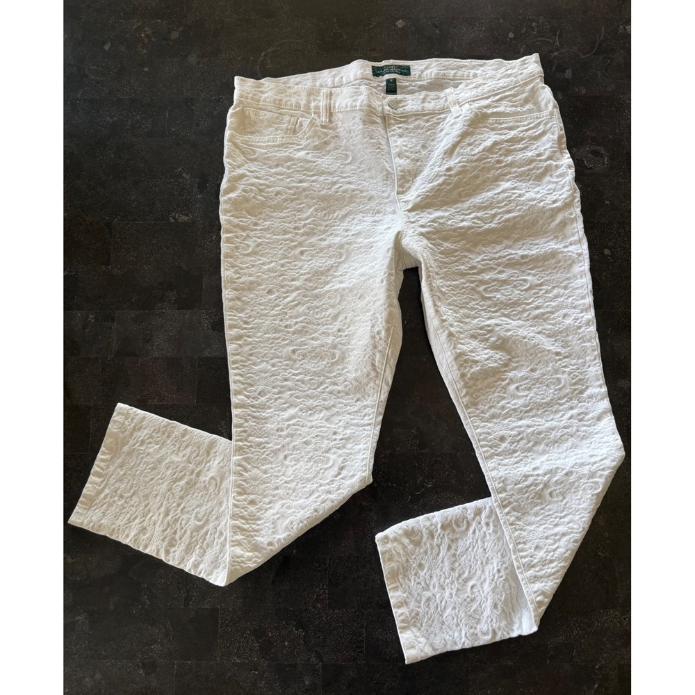 Ralph Lauren LRL High Rise Modern Skinny Jean 16 White Textured Damask Matelasse